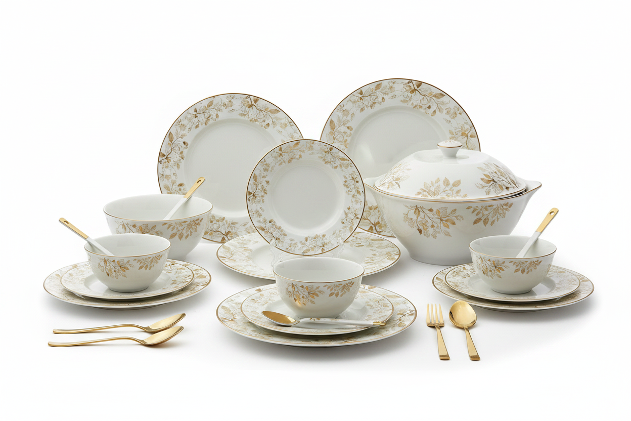White Gold Floral Ceramic Dinner Set - Minimal White Background Studio Shot