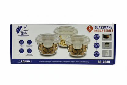 Born Chef BC-7630 Parka Series 3 Pcs Round Glass Container Box White Background
