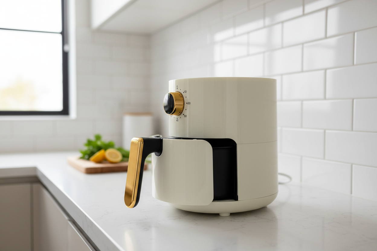 Cream gold air fryer - basket open lifestyle