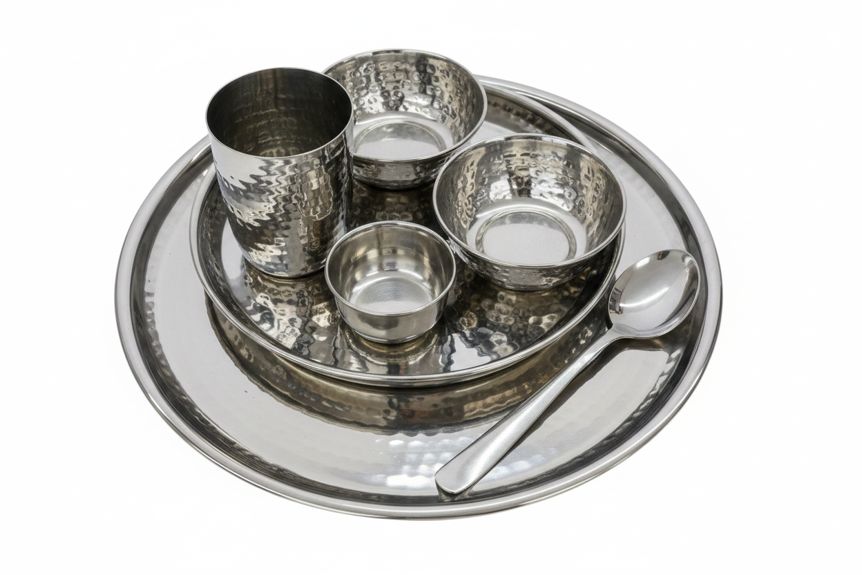 Hammered Stainless Steel Thali Set with Clean Spoon - White Background