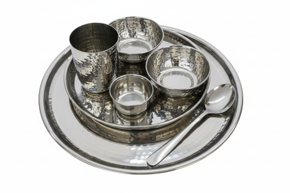 Hammered Stainless Steel Thali Set with Clean Spoon - White Background