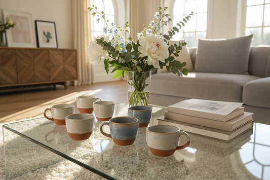 Coffee Table Lifestyle - Ceramic cups on glass coffee table with books and flowers