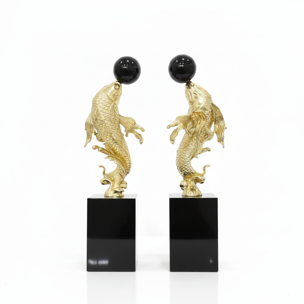 Gold koi fish sculpture pair side profile full height