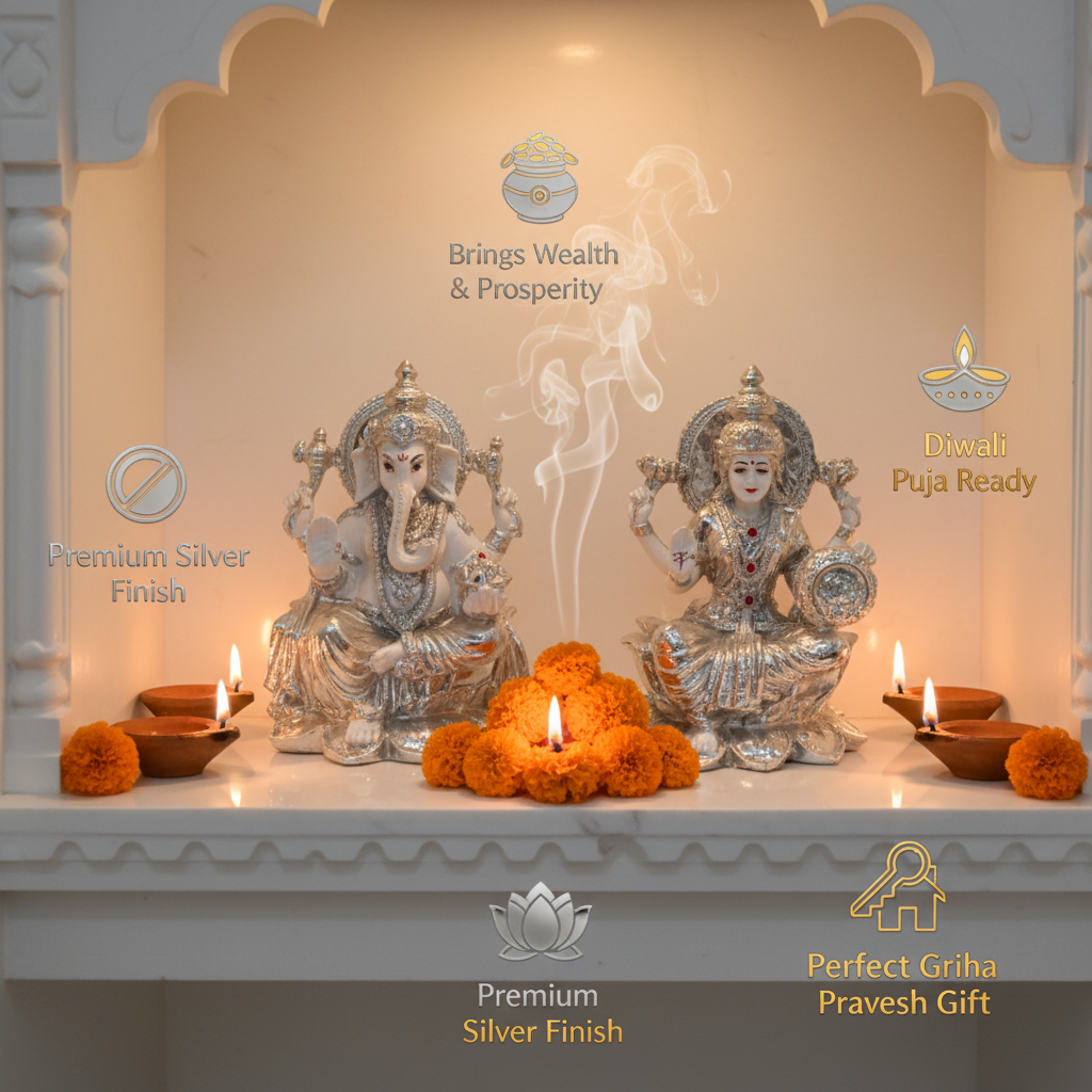 Silver Laxmi Ganesh idol use case infographic puja room