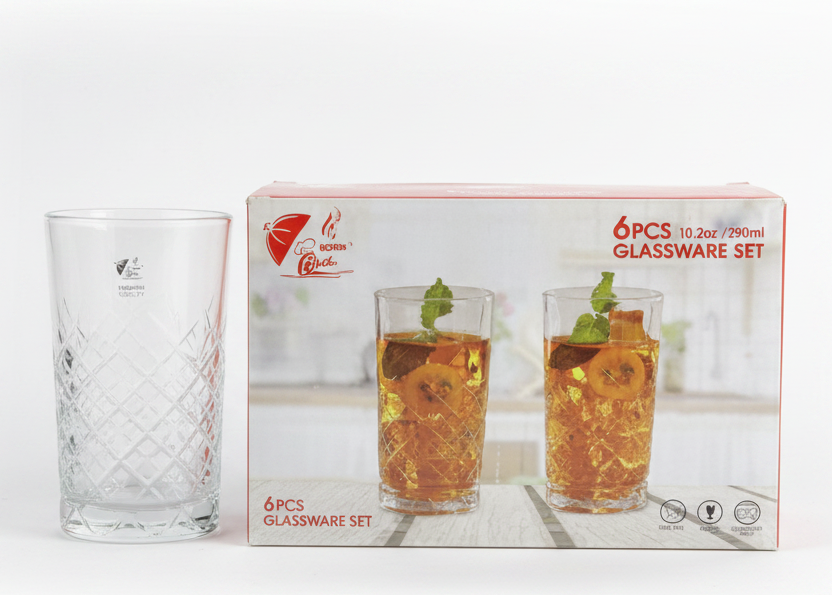 6 Piece Crystal Cut Glass Set with Box Packaging White Background