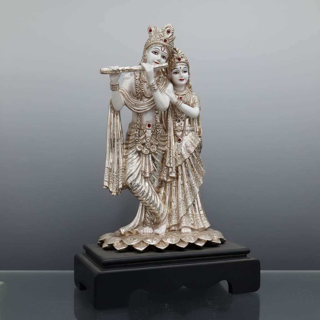 Silver Radha Krishna Idol Three Quarter Angle