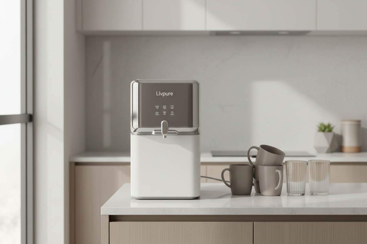 Livpure Smart Water Purifier on Modern Kitchen Counter with Mugs and Glasses
