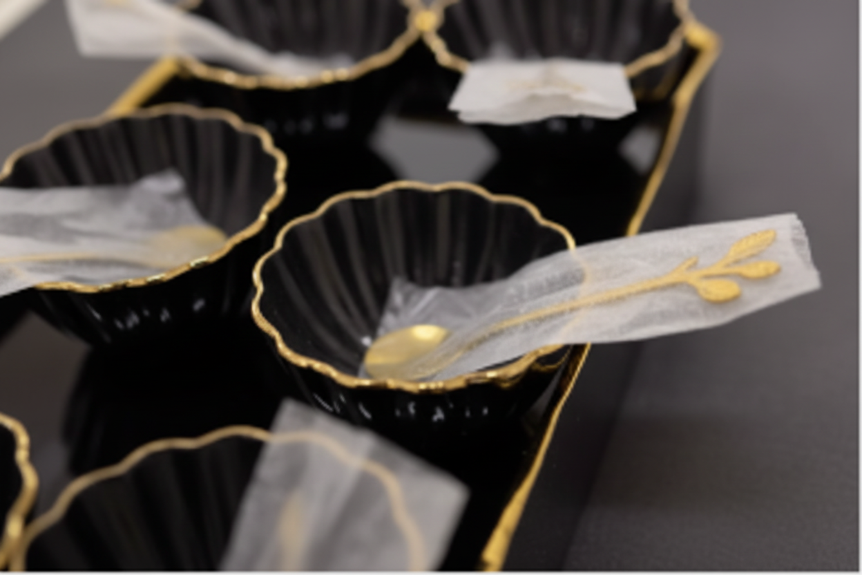 Black Gold Bowl - Close-up Gold Leaf Spoon Handle and Scalloped Edge Macro
