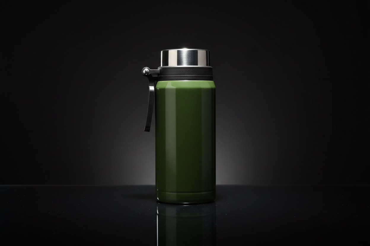 Green Thermos Flask - Luxury Spotlight on Glossy Reflective Surface