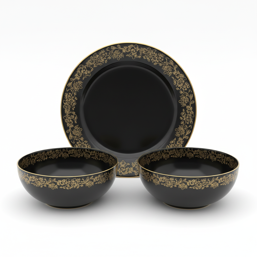 Minimalist Studio Catalog - Black oval plate and bowls on white background with gold floral rim detailing