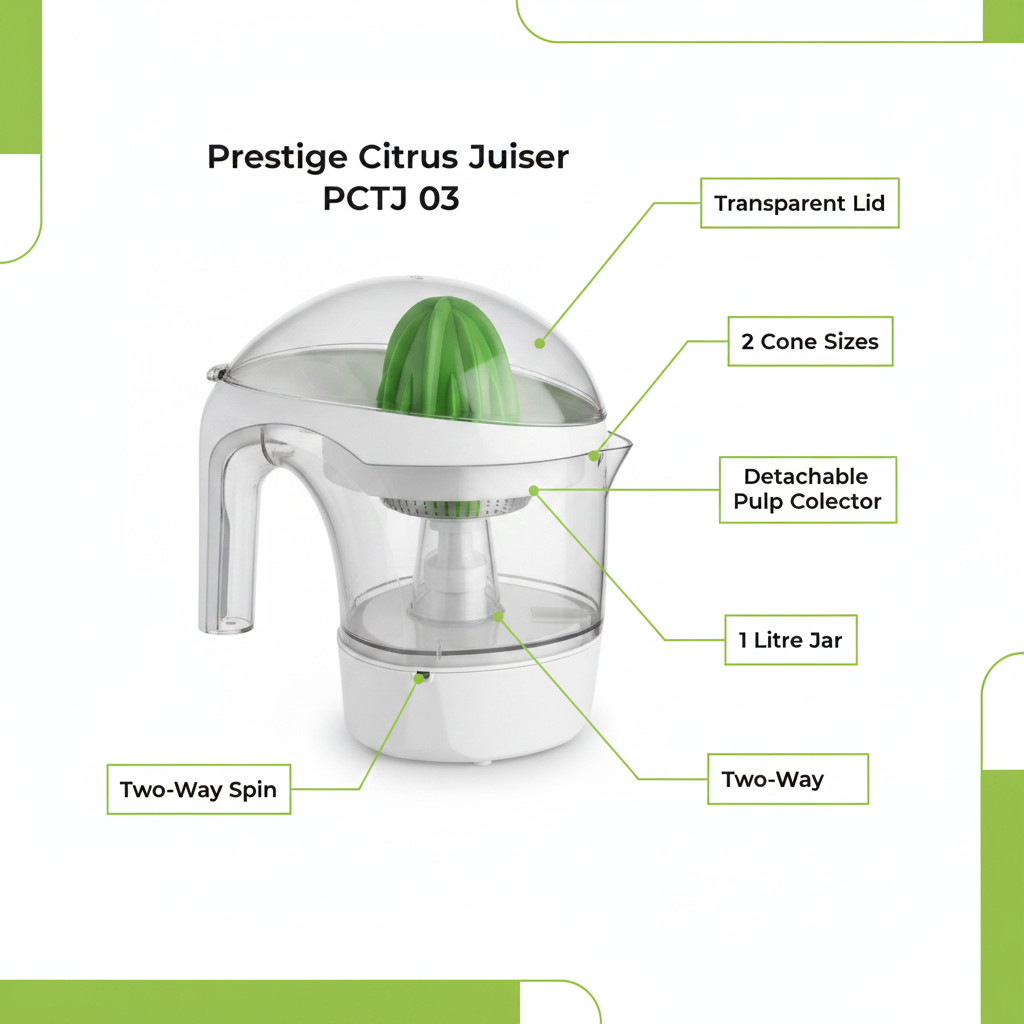 Prestige Citrus Juicer PCTJ 03 - infographic with key features