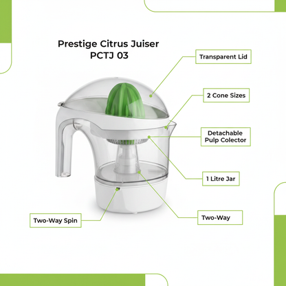 Prestige Citrus Juicer PCTJ 03 - infographic with key features