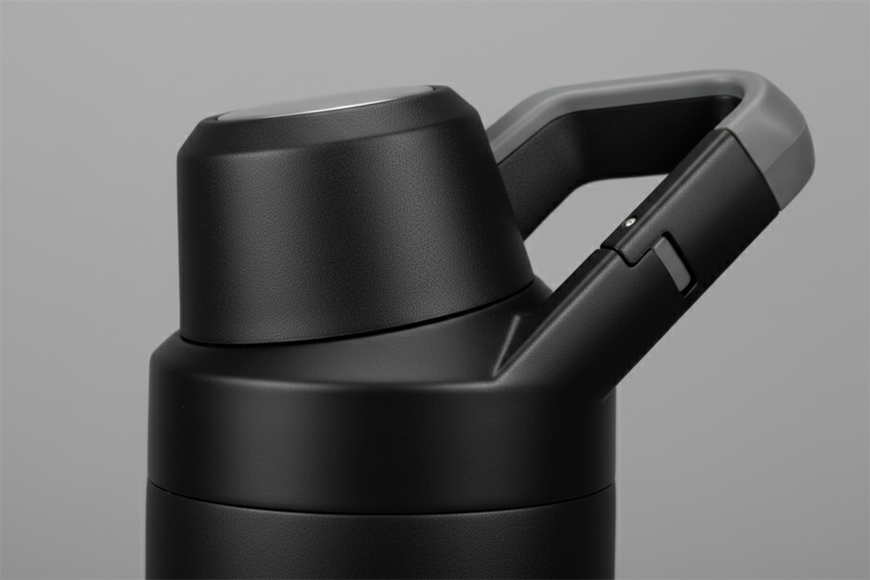 Premium Large Black Insulated Water Bottle - Close-up Lid and Matte Finish Macro Detail