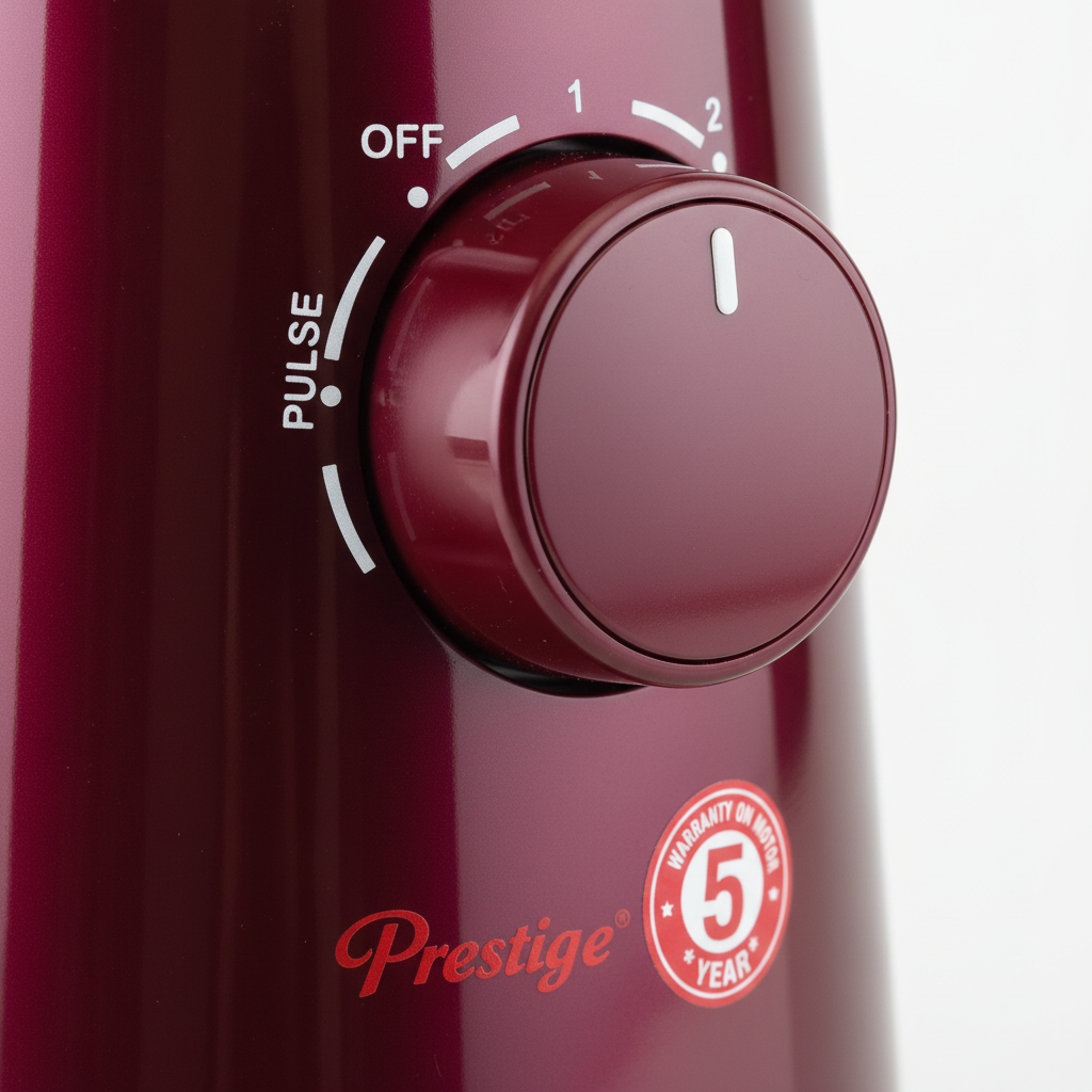 Prestige Mixer Grinder - Close-up Knob & Warranty Badge