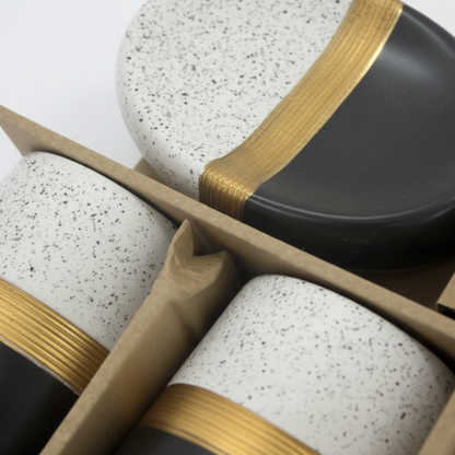 4-piece ceramic bathroom set black white speckled gold band - close-up detail