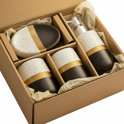 4-piece ceramic bathroom set black white speckled gold band - gift box presentation