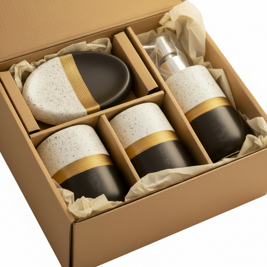 4-piece ceramic bathroom set black white speckled gold band - gift box presentation