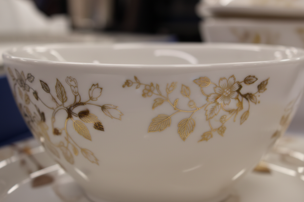 White Gold Ceramic - Close-up Delicate Gold Leaf Pattern Macro Shot