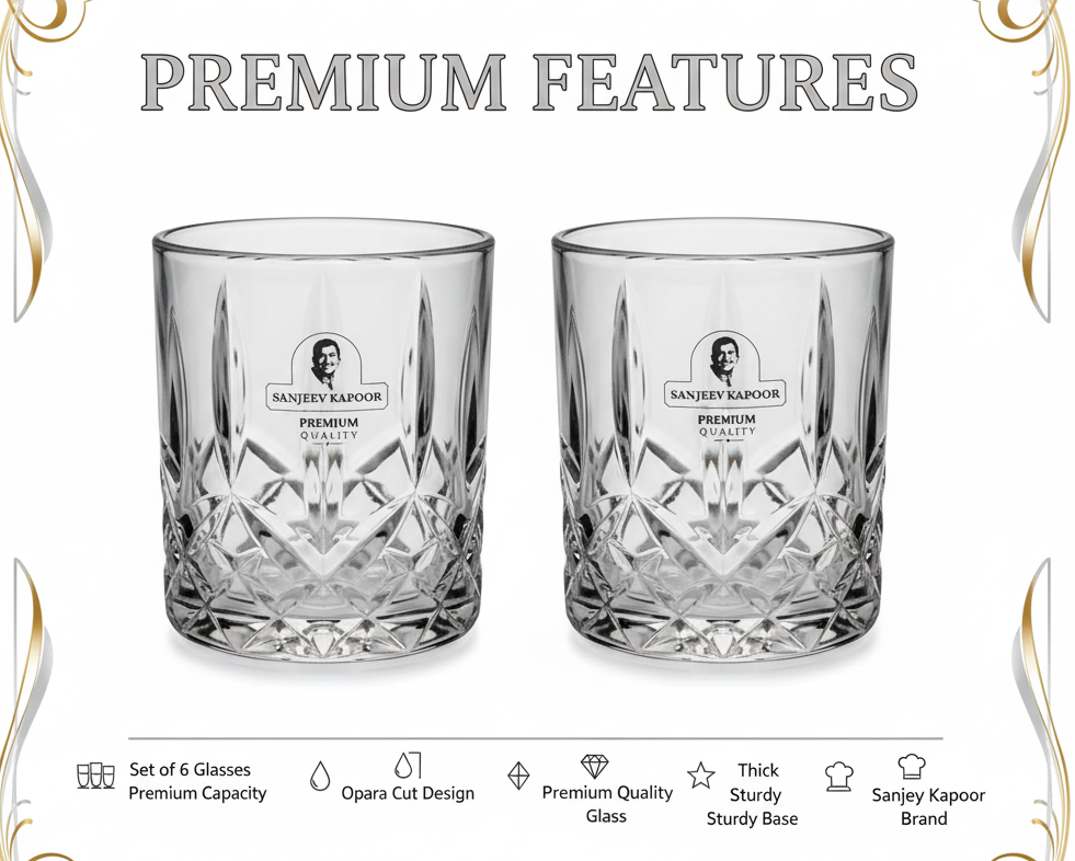 Sanjeev Kapoor Opara Whiskey Glass Set - Features Infographic