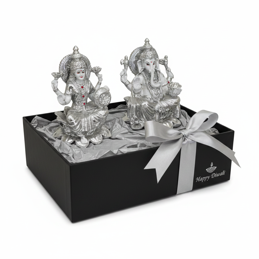Silver Laxmi Ganesh idol in Diwali gift box