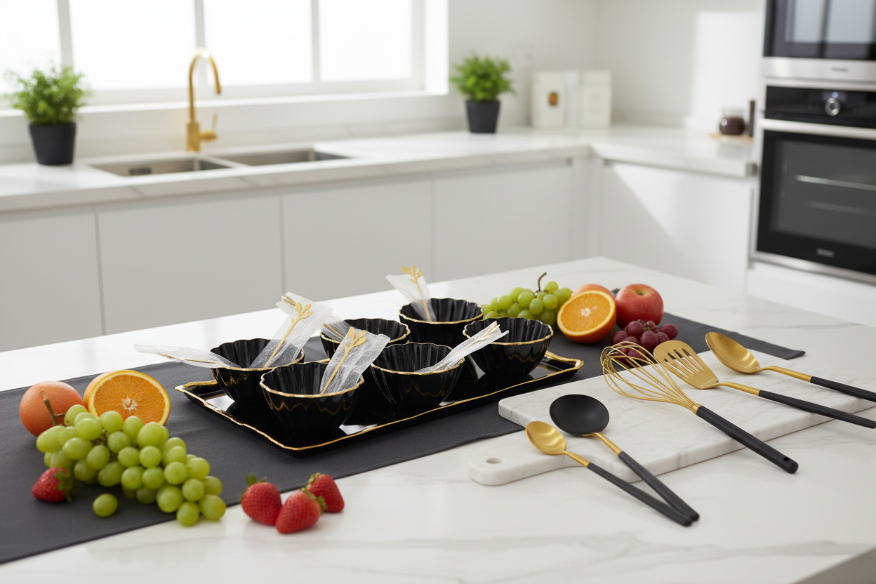 Black Gold Bowl Set - Luxury Kitchen Counter with Fruits and Utensils