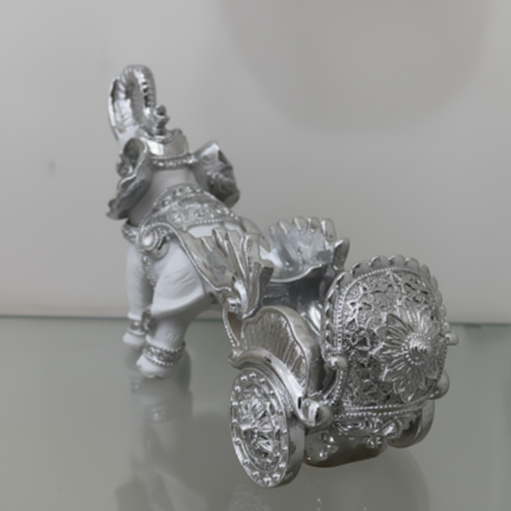 White silver elephant chariot figurine back view