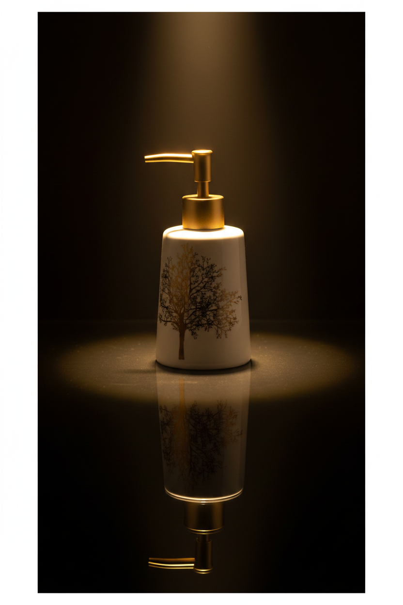 Ceramic Soap Dispenser - Luxury Spotlight on Glossy Reflective Surface
