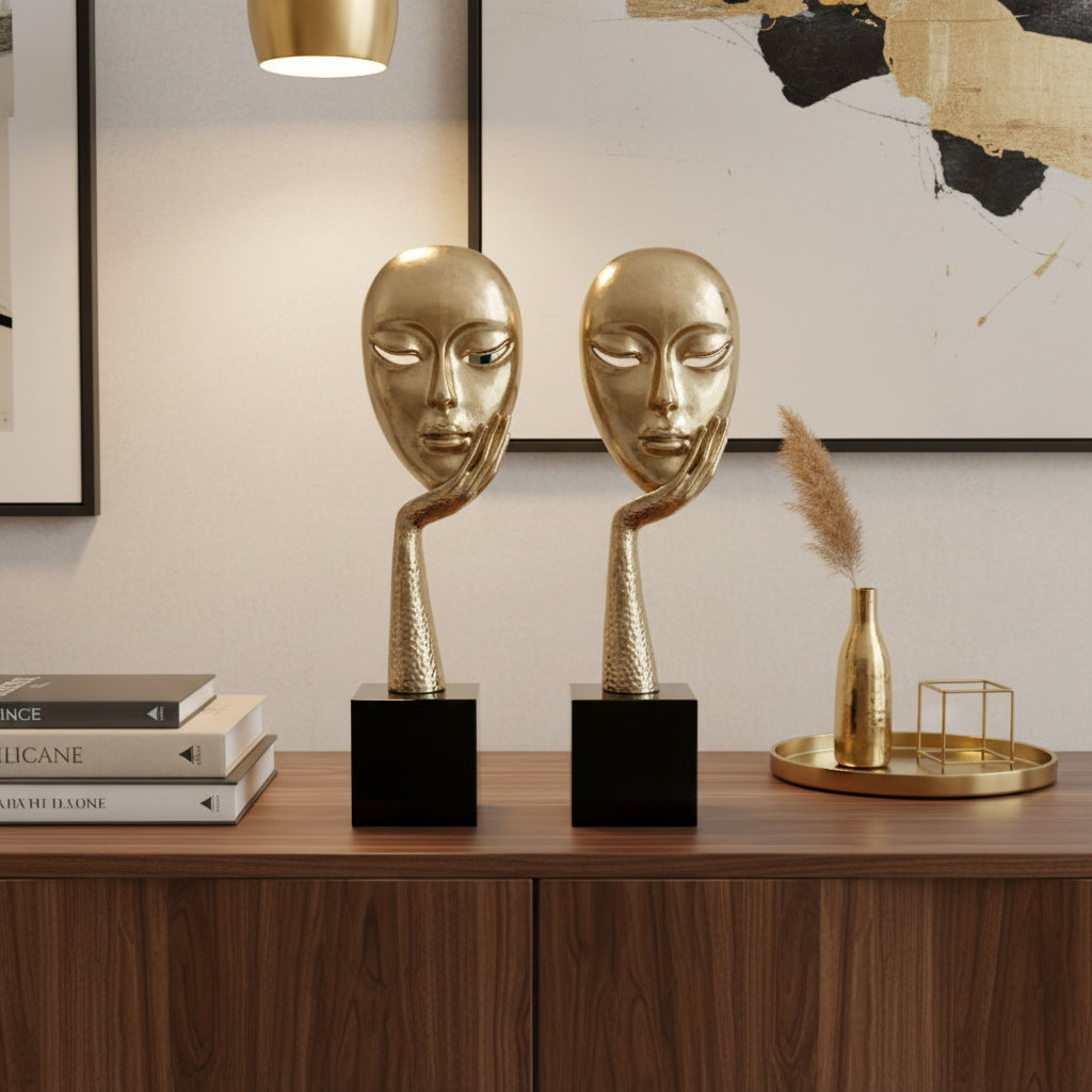 Gold face mask sculpture pair in luxury home interior