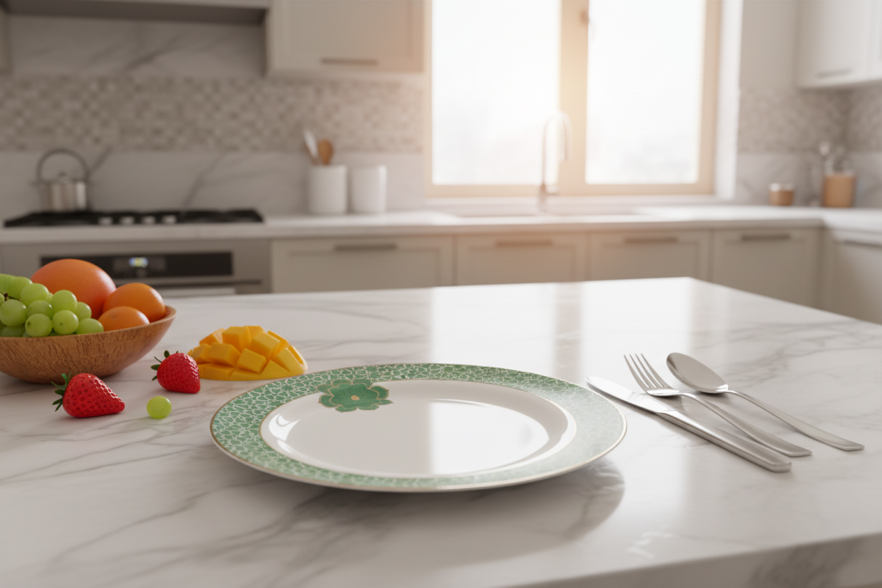 White Green Floral Ceramic Plate - Modern Kitchen Counter with Fruits and Utensils