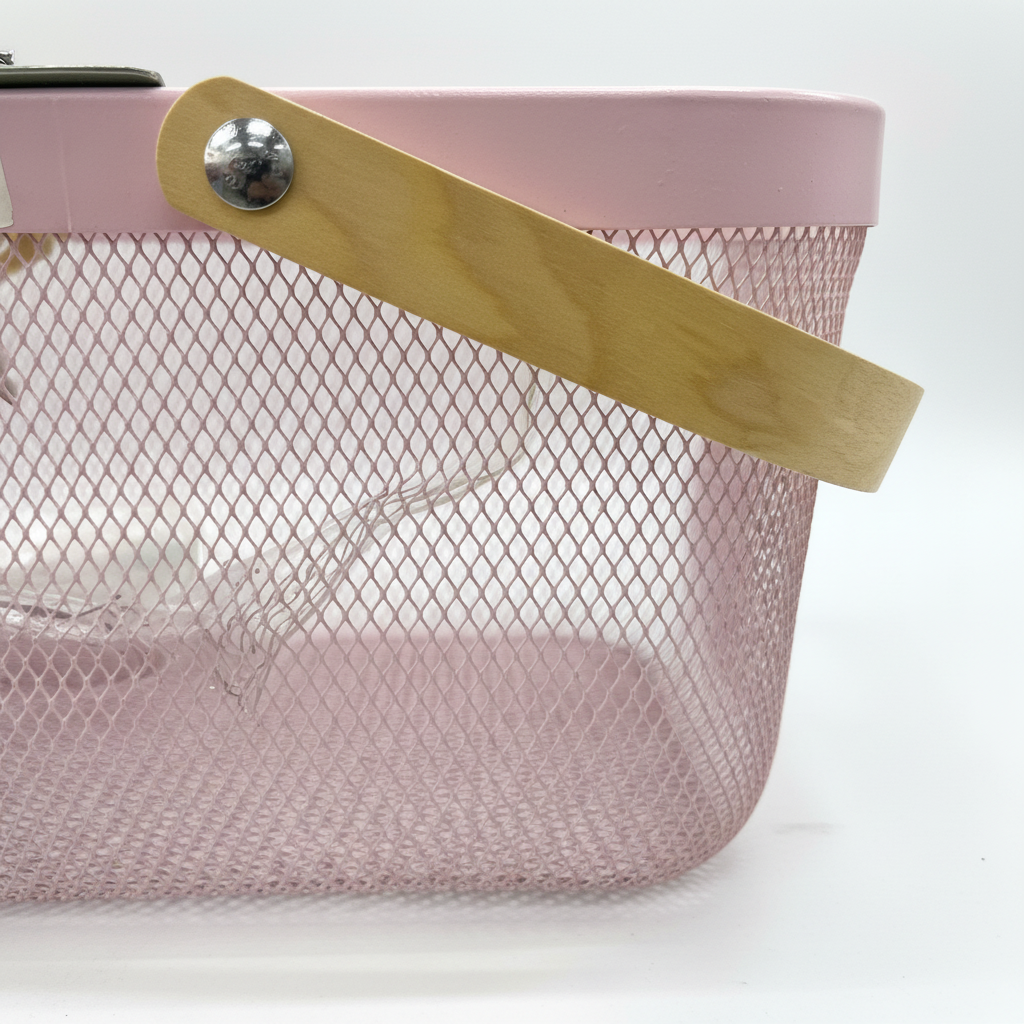 Pink Mesh Basket - Close-up Mesh & Wooden Handle