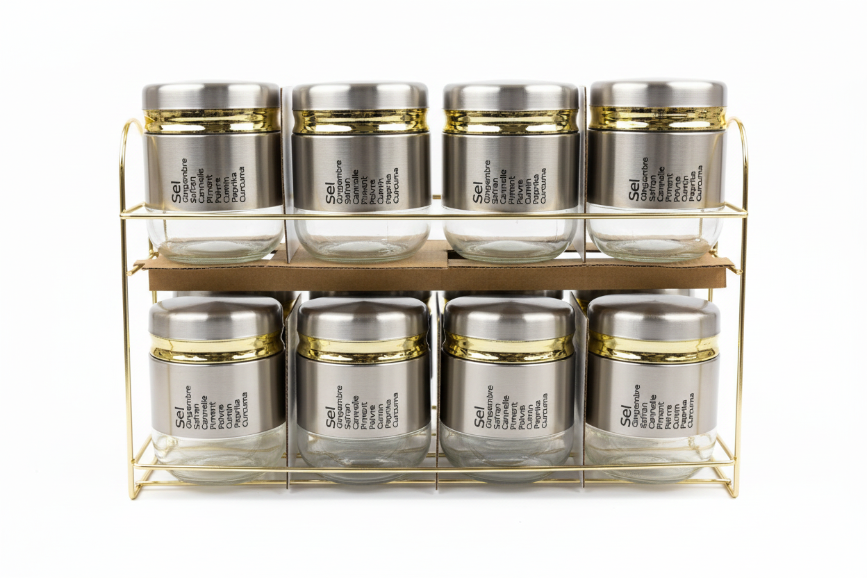 8 Jar Set on Gold Rack - White Background