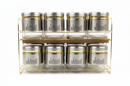 8 Jar Set on Gold Rack - White Background