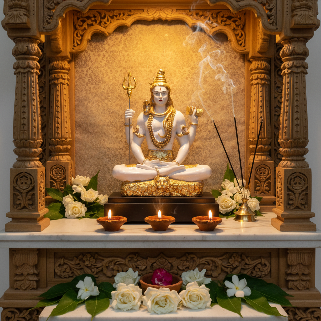 Shiv Ji murti in puja room with diyas and bilva leaves