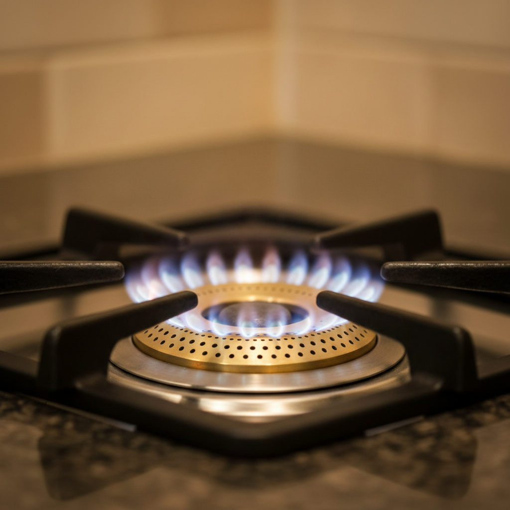 Close-up Brass Burner Detail with Flame - Gas Stove