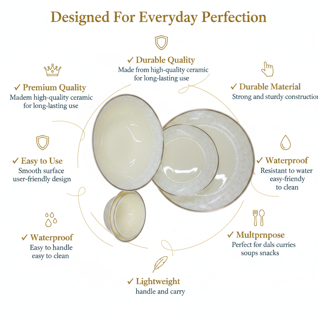 33 Pcs Ivory Ceramic Dinner Set | Gold Rim | Premium Bone China Style Tableware