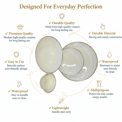 33 Pcs Ivory Ceramic Dinner Set | Gold Rim | Premium Bone China Style Tableware