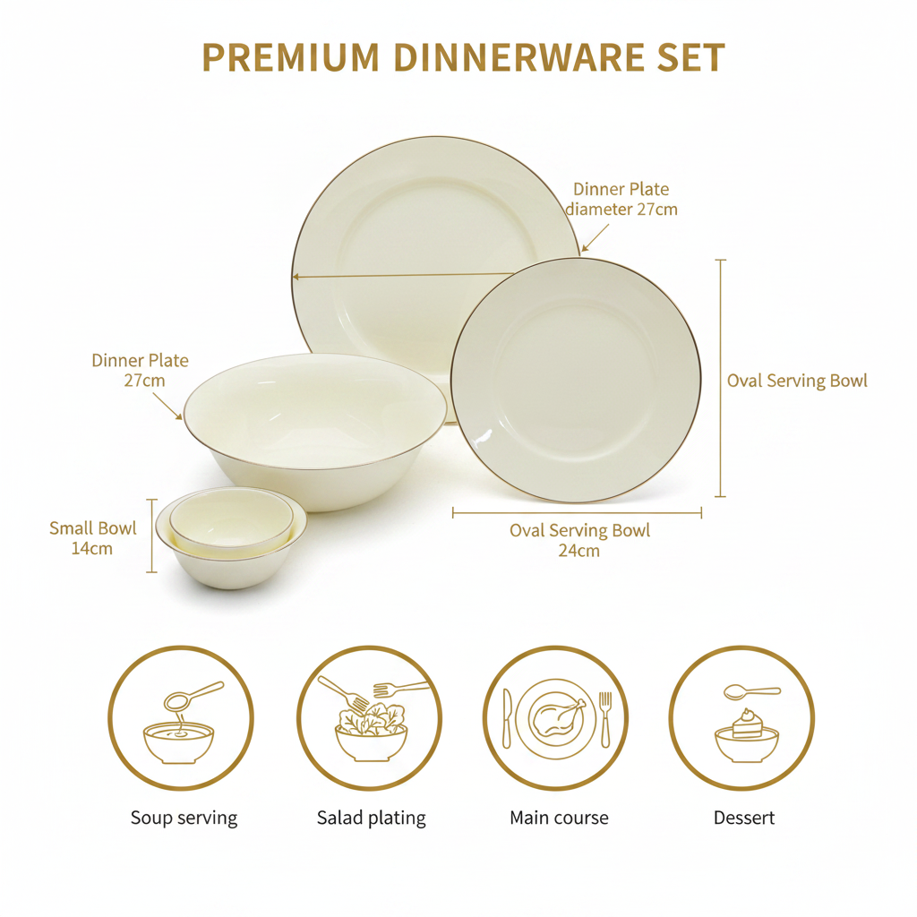 Ivory Gold Rim Dinnerware – Size & Usage Infographic v2