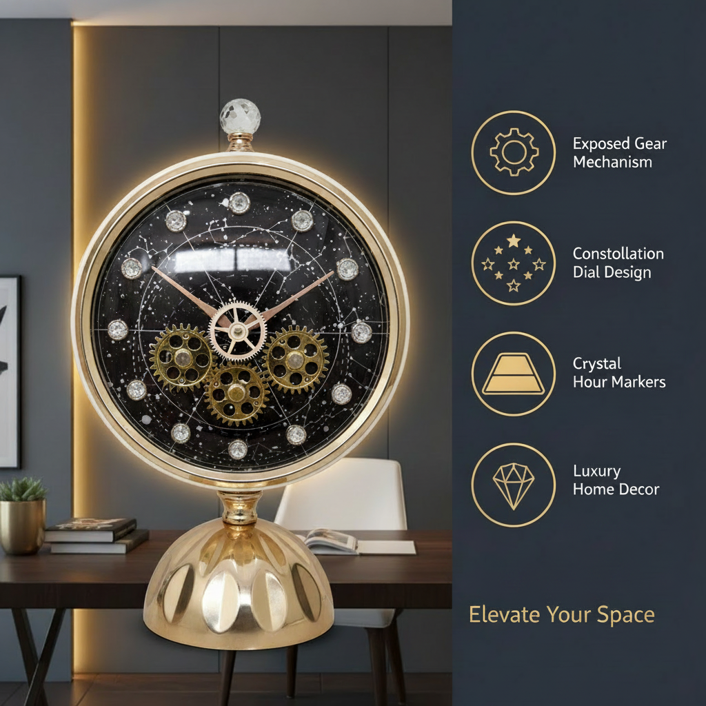 Luxury Gear Table Clock - Benefits Infographic