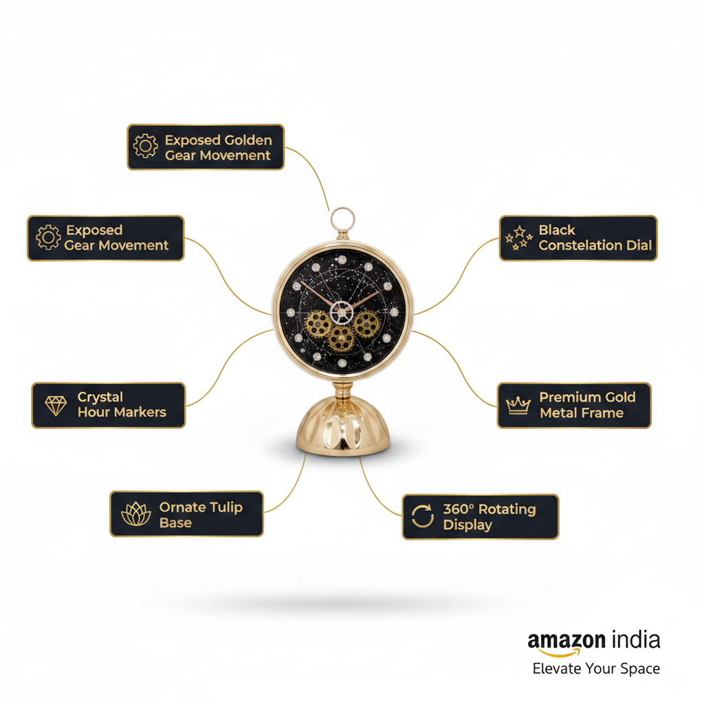 Luxury Gear Table Clock - Features Infographic