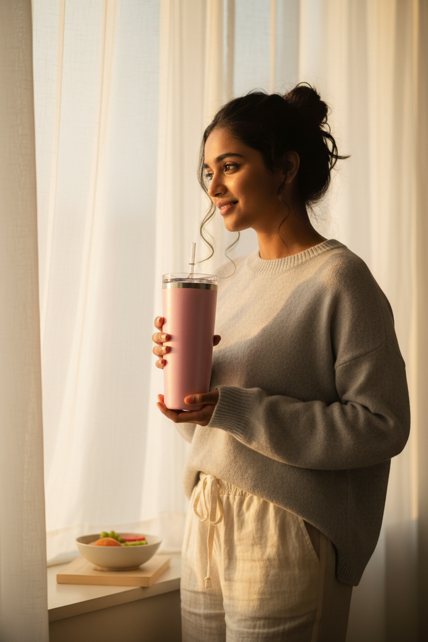 Morning Routine – Pink Tumbler Window Shot