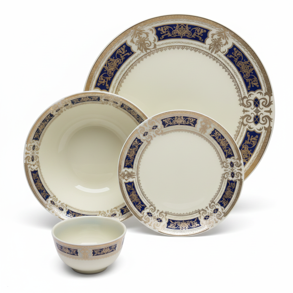 33 Pcs Royal Ceramic Dinner Set | Navy Blue & Gold Floral Border | Premium Tableware