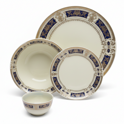 33 Pcs Royal Ceramic Dinner Set | Navy Blue & Gold Floral Border | Premium Tableware