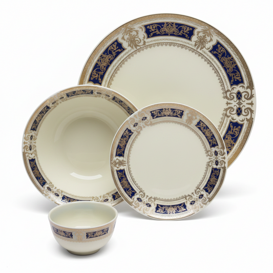 33 Pcs Royal Ceramic Dinner Set | Navy Blue & Gold Floral Border | Premium Tableware