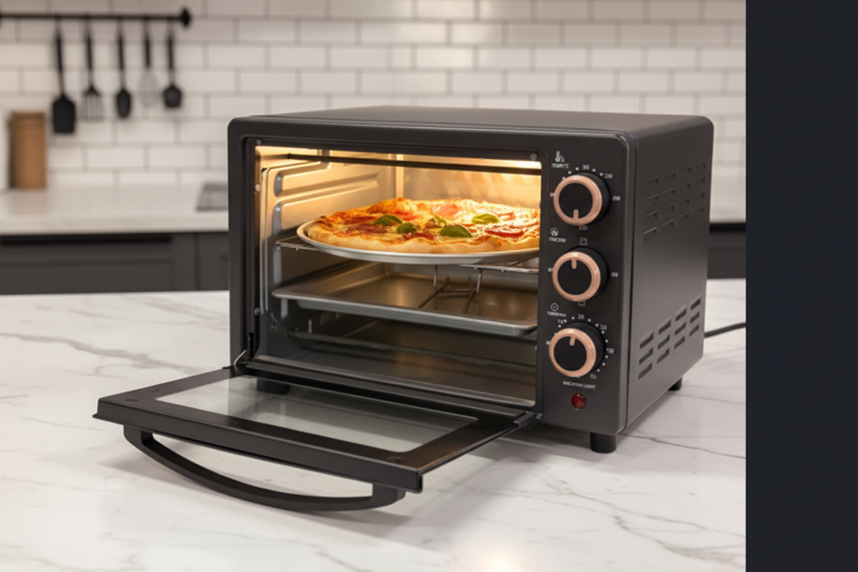 Open oven with pizza on marble counter
