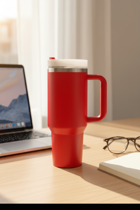 Red Tumbler Mug – Desk Lifestyle