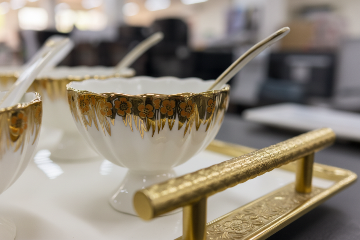 Premium White & Gold Floral Tea Cup Set – Ceramic | Elegant Serving