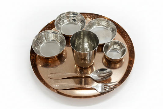 Sanjeev Kapoor by Amkemox 8 Pcs Premium Stainless Steel Thali Set – Copper Finish Hammered Dinnerware